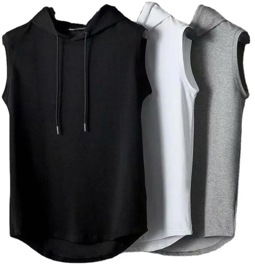 Men's sleeveless gym hoodie in black- perfect for workouts 