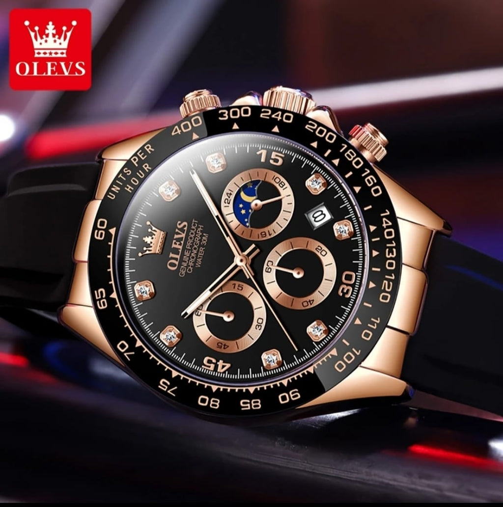 OLEVS Men’s Luxury Chronograph Watch – Design with Moonphase & Diamond Markers